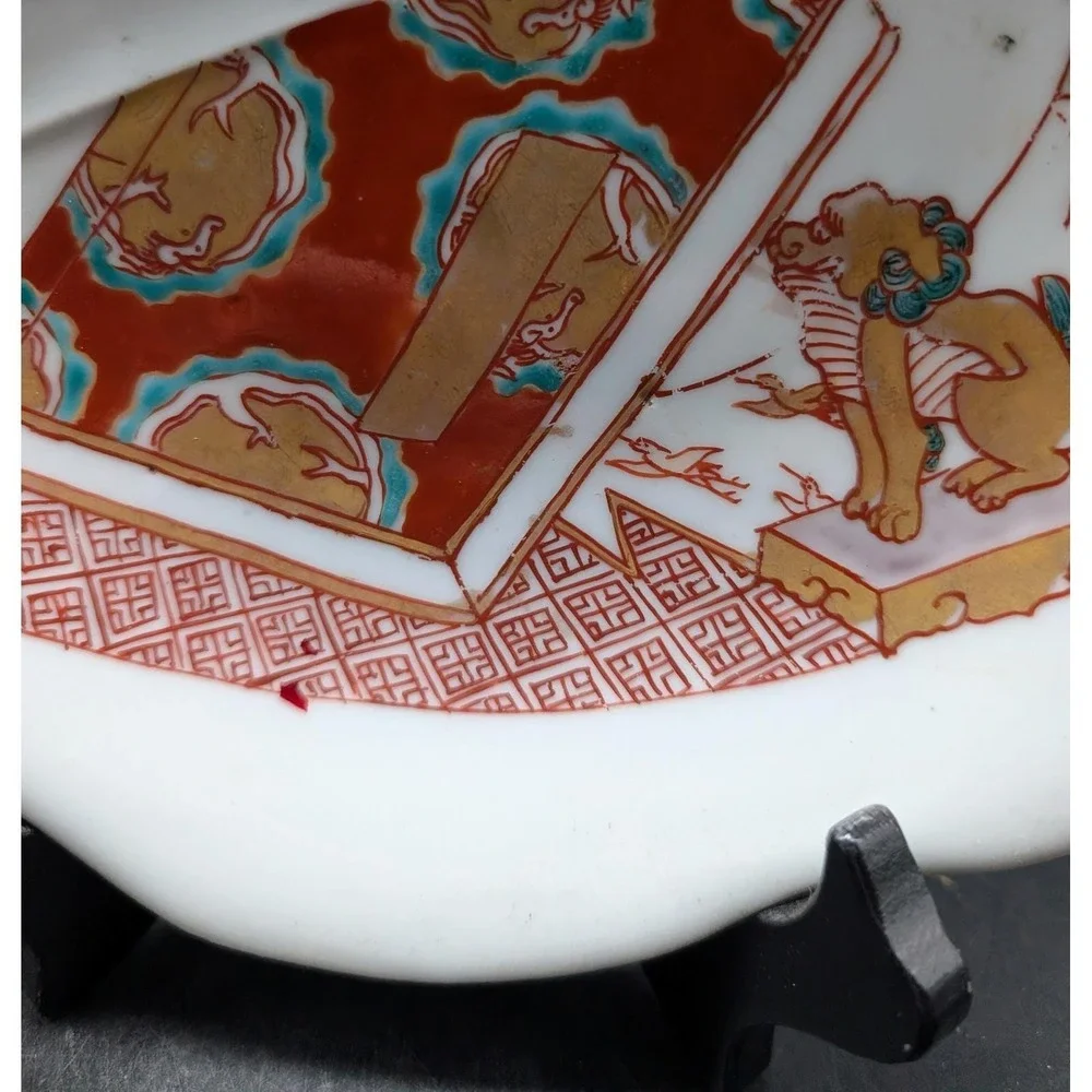 Antique Japanese Imari Porcelain Fluted Plate Phoenix Foo Dog Gold Gilt Meiji 9